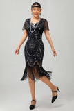 Gatsby Black Silver Scoop Fringed Bodycon 1920s Dress with Sequins