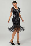 Gatsby Black Silver Scoop Fringed Bodycon 1920s Dress with Sequins