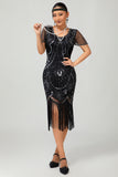 Gatsby Black Silver Scoop Fringed Bodycon 1920s Dress with Sequins