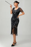 Gatsby Black Silver Scoop Fringed Bodycon 1920s Dress with Sequins