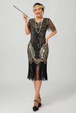 Black Golden Sequin Bodycon 1920s Flapper Dress with Tassles