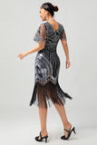 Black Silver Sequin V Neck Bodycon 1920s Dress with Tassels