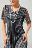 Black Silver Sequin V Neck Bodycon 1920s Dress with Tassels