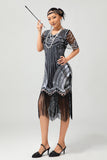 Black Silver Sequin V Neck Fringe 1920s Dress with 5-Piece Accessories Set