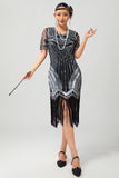 Black Silver Sequin V Neck Fringe 1920s Dress with 5-Piece Accessories Set
