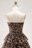 Brown Leopard A-Line Sweetheart Corset Tiered Ruffle Homecoming Dress