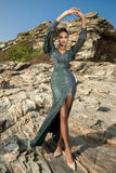 Mermaid Sparkly Green 3/4 Sleeve Evening Dress