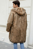 Black Faux Fur Long Warm Winter Men's Coat with Hood