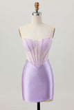 Lilac Beaded Strapless Corset Short Satin Homecoming Dress