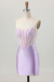 Lilac Beaded Strapless Corset Short Satin Homecoming Dress