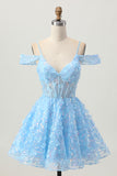 Sparkly Sequins Blue A-Line Cold Shoulder Mini Homecoming Dress with Open Back