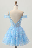Sparkly Sequins Blue A-Line Cold Shoulder Mini Homecoming Dress with Open Back