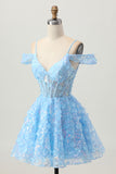 Sparkly Sequins Blue A-Line Cold Shoulder Mini Homecoming Dress with Open Back
