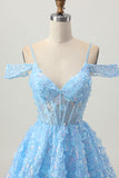 Sparkly Sequins Blue A-Line Cold Shoulder Mini Homecoming Dress with Open Back