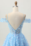 Sparkly Sequins Blue A-Line Cold Shoulder Mini Homecoming Dress with Open Back