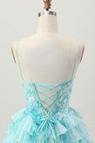 Blue Green A Line Tiered Print Corset Mini Homecoming Dress with Ruffle Skirt