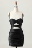 Black Spaghetti Straps Ruched Tight Cut-Out Mini Homecoming Dress