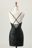 Black Spaghetti Straps Ruched Tight Cut-Out Mini Homecoming Dress