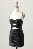 Black Spaghetti Straps Ruched Tight Cut-Out Mini Homecoming Dress