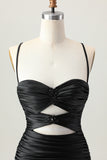 Black Spaghetti Straps Ruched Tight Cut-Out Mini Homecoming Dress