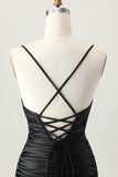 Black Spaghetti Straps Ruched Tight Cut-Out Mini Homecoming Dress
