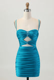 Black Spaghetti Straps Ruched Tight Cut-Out Mini Homecoming Dress