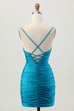 Black Spaghetti Straps Ruched Tight Cut-Out Mini Homecoming Dress