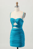 Black Spaghetti Straps Ruched Tight Cut-Out Mini Homecoming Dress