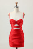 Black Spaghetti Straps Ruched Tight Cut-Out Mini Homecoming Dress