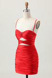 Black Spaghetti Straps Ruched Tight Cut-Out Mini Homecoming Dress
