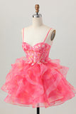 Red A-Line Embroidered Corset Mini Homecoming Dress with Ruffle-Hem