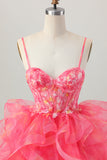 Red A-Line Embroidered Corset Mini Homecoming Dress with Ruffle-Hem