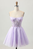 Sparkly A Line Strapless Sequins Lace Up Back Mini Lilac Homecoming Dress with Beading