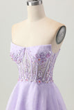 Sparkly A Line Strapless Sequins Lace Up Back Mini Lilac Homecoming Dress with Beading