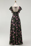 Black Pink Floral A Line Square Neck Short Sleeves Bridesmaid Dress
