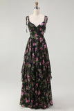 Black Pink Floral A Line Spaghetti Straps Tiered Long Bridesmaid Dress
