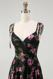 Black Pink Floral A Line Spaghetti Straps Tiered Long Bridesmaid Dress