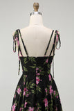 Black Pink Floral A Line Spaghetti Straps Tiered Long Bridesmaid Dress