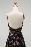 Black Pink Floral Spaghetti Straps A Line Long Bridesmaid Dress