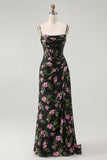 Black Pink Floral Spaghetti Straps Corset A Line Long Bridesmaid Dress