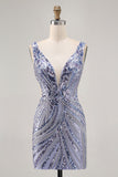 Sparkly Lilac V-Neck Sequins Bodycon Homecoming Dress