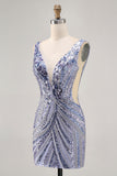 Sparkly Lilac V-Neck Sequins Bodycon Homecoming Dress
