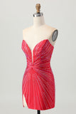 Sparkly Red Beaded Short Tight Homecoming Dress with Slit