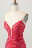 Sparkly Red Beaded Short Tight Homecoming Dress with Slit
