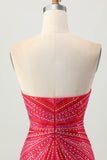 Sparkly Red Beaded Short Tight Homecoming Dress with Slit