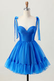 A Line Royal Blue Spaghetti Straps Ruffled Homecoming Dress