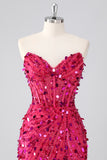 Sparkly Fuchsia Strapless Tight Short Sequins Corset Homecoming Dress with Beading