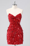 Red Sparkly Strapless Tight Short Beaded Corset Homecoming Dress with Sequins