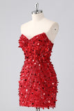 Sparkly Fuchsia Strapless Tight Short Sequins Corset Homecoming Dress with Beading