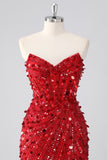 Sparkly Fuchsia Strapless Tight Short Sequins Corset Homecoming Dress with Beading